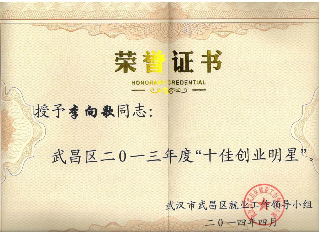 武昌区 2013 年度“十佳创业明星”（武汉市武昌区就业工作领导小组）